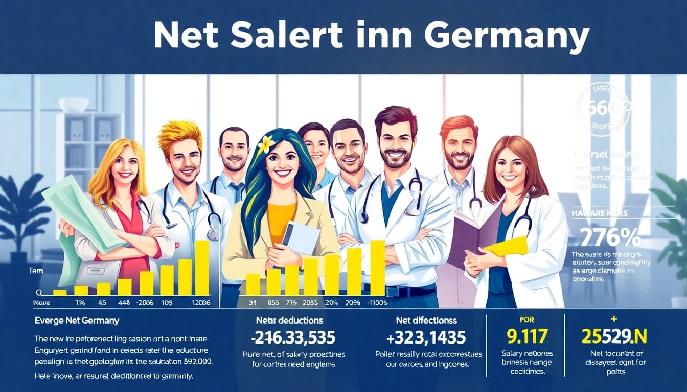Illustration depicting the concept of net salary in Germany, featuring diverse professionals in a bright office.