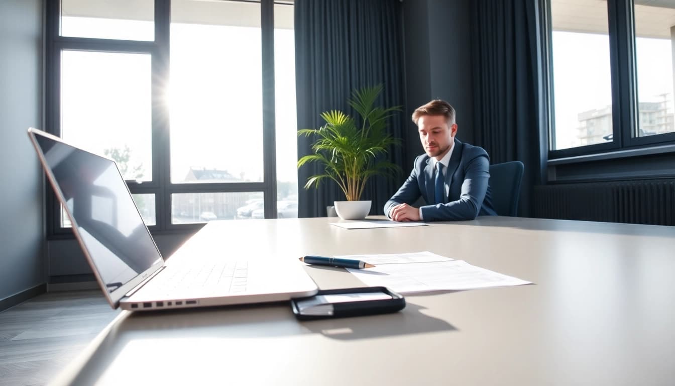 Professioneller Headhunter Gastronomie bei der Arbeit, überblickt Dokumente in elegantem Büro.