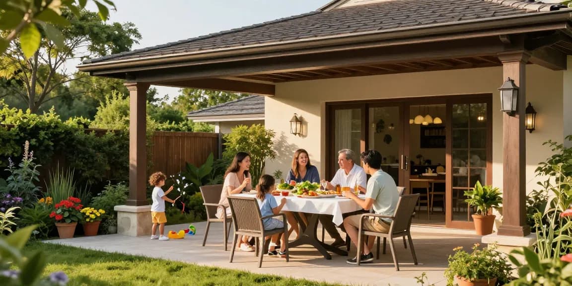 Terrassenüberdachungen bieten Schatten und stilvollen Schutz für Familienessen im Garten.