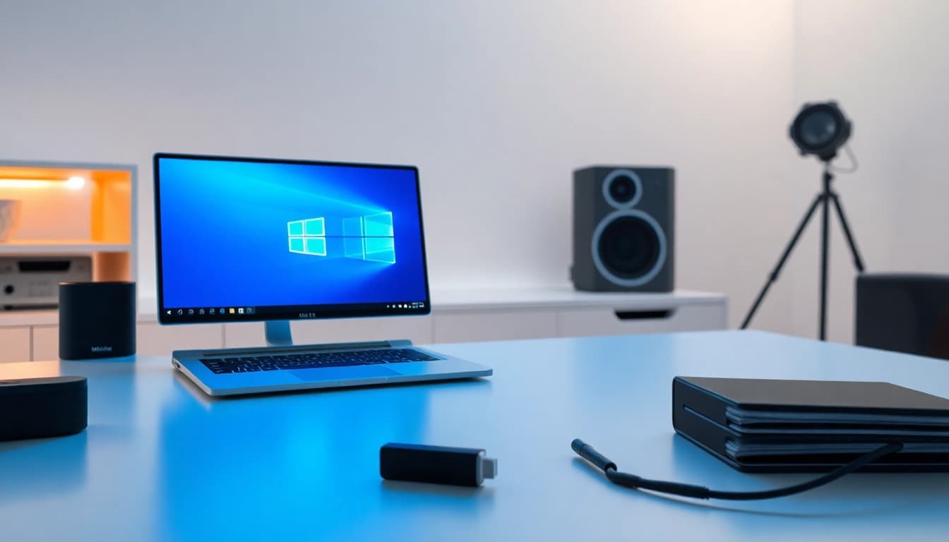 Laden Sie die Windows 11 Pro Vollversion Download an einem modernen Arbeitsplatz herunter, mit Laptop und Zubehör.