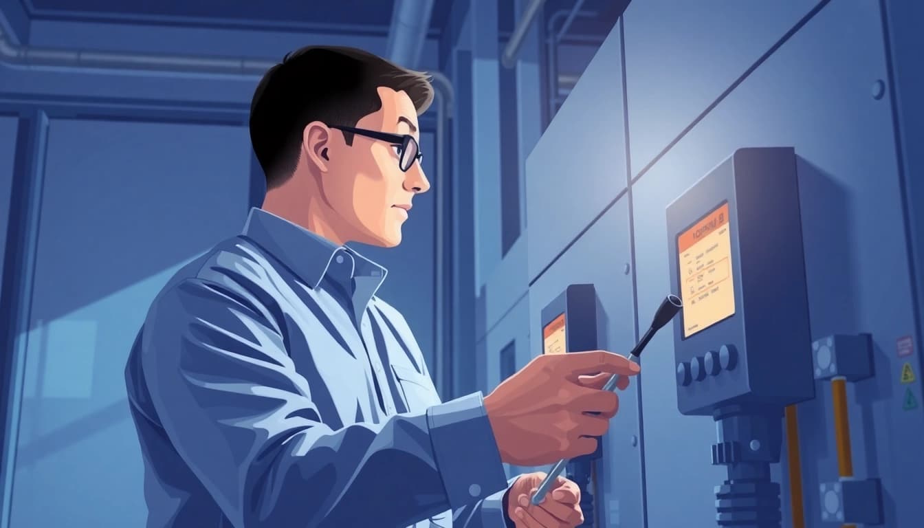 Technician performing a DGUV V3 Prüfung on electrical devices, ensuring workplace safety and compliance.