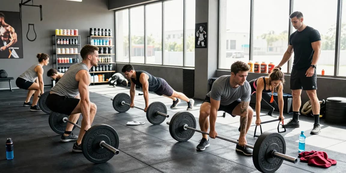 Athletes training in a professional gym at the Anabolika Shop, showcasing dedication with weights and resistance bands.