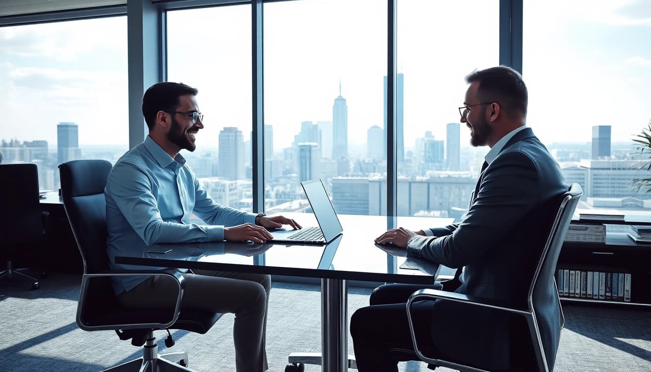 Headhunter IT interagiert mit einem Kandidaten im modernen Büro.