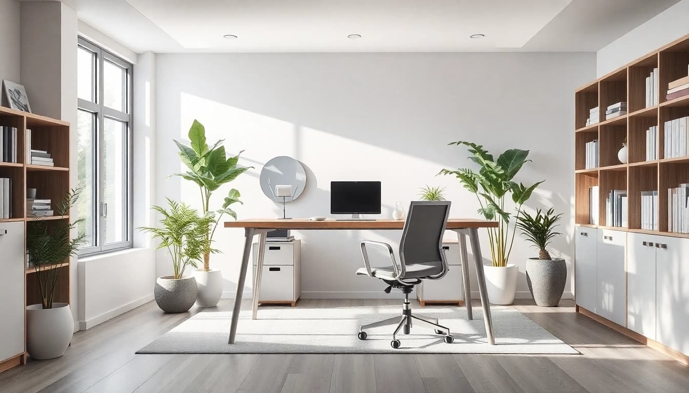 Modernes Büro mit stilvollen Büromöbeln, ergonomischem Schreibtisch und Stuhl bei natürlichem Licht.