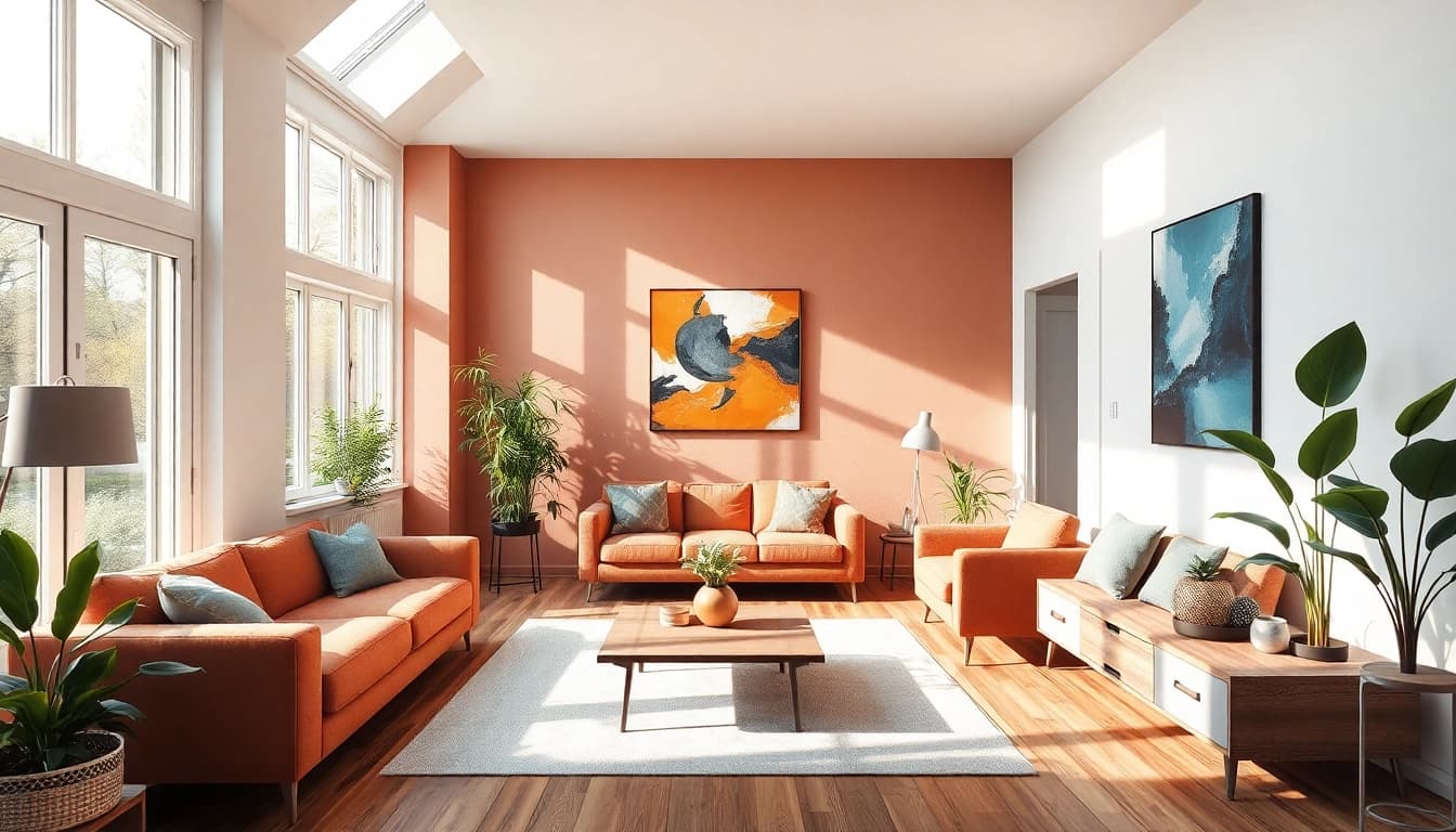 Raumgestaltung mit einem modernen Wohnraum, der durch natürliche Lichtquellen und harmonische Farben besticht.