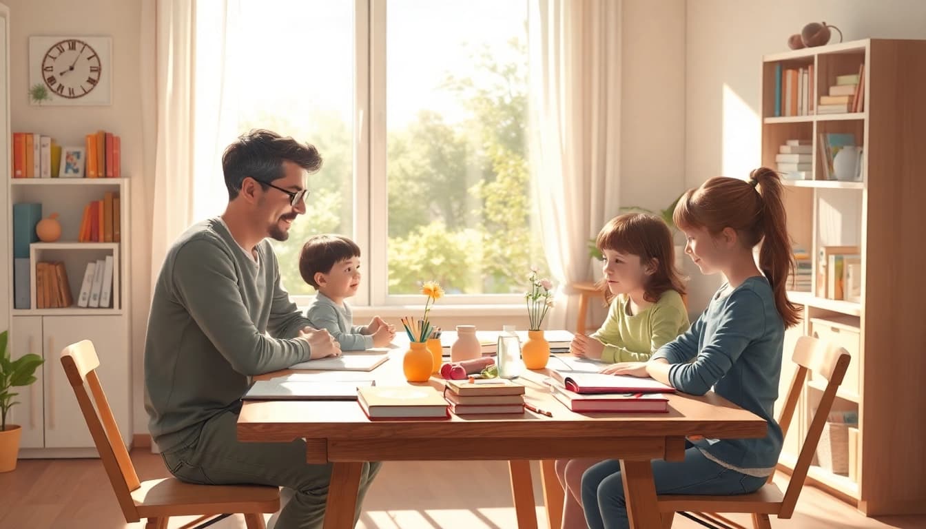 Eine einladende Heimunterrichts-Szene mit Eltern und Kindern, die gemeinsam lernen.