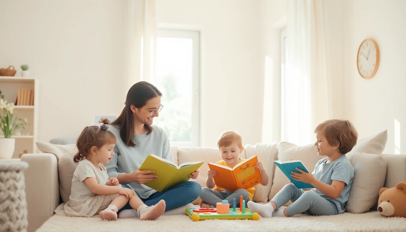 Kindererziehung in einer liebevollen Szene: Eltern lesen ihren Kindern in einem hellen Wohnzimmer vor und fördern spielerisch ihr Lernen.