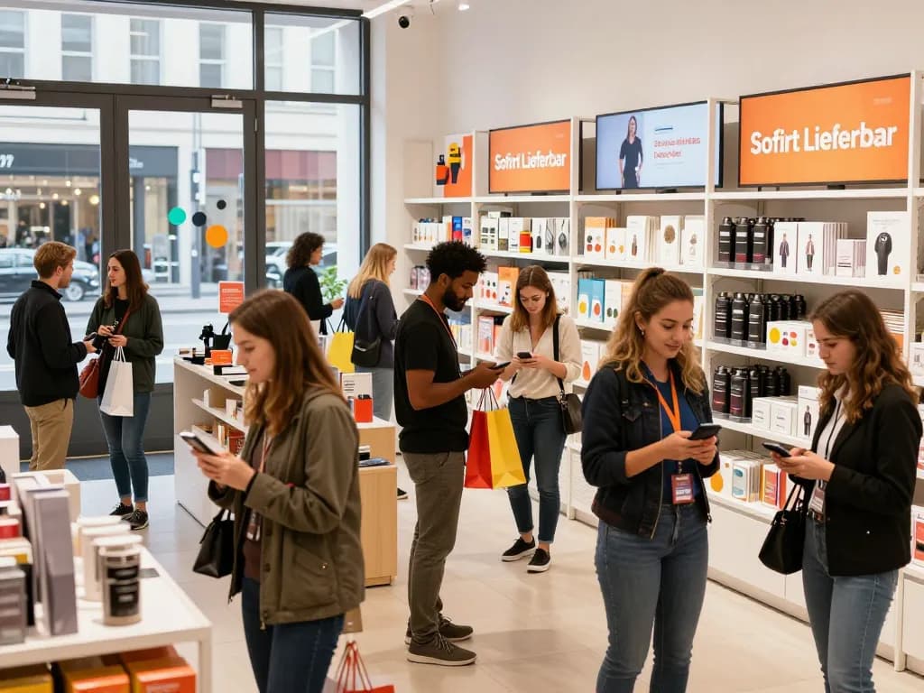 Sofort Lieferbar Einkaufserlebnis in einem modernen Einzelhandelsraum mit lebendiger Atmosphäre und engagierten Kunden.