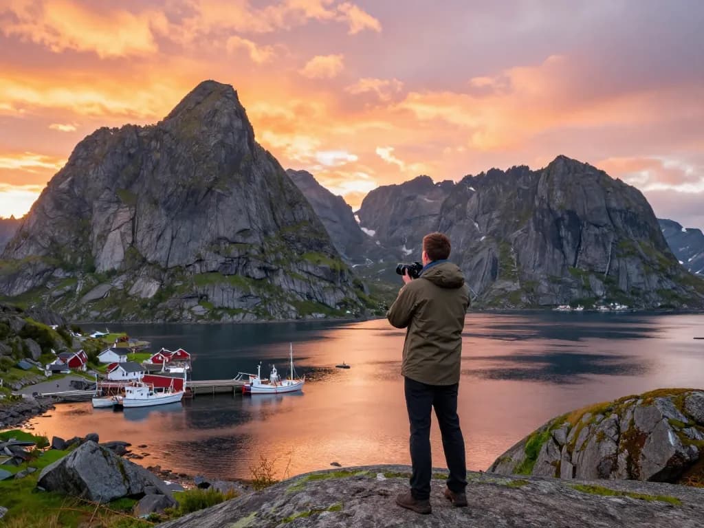 Skandinavien Reisetipps Abenteuer-Szene in Norwegens atemberaubenden Lofoten-Inseln während des Sonnenuntergangs.