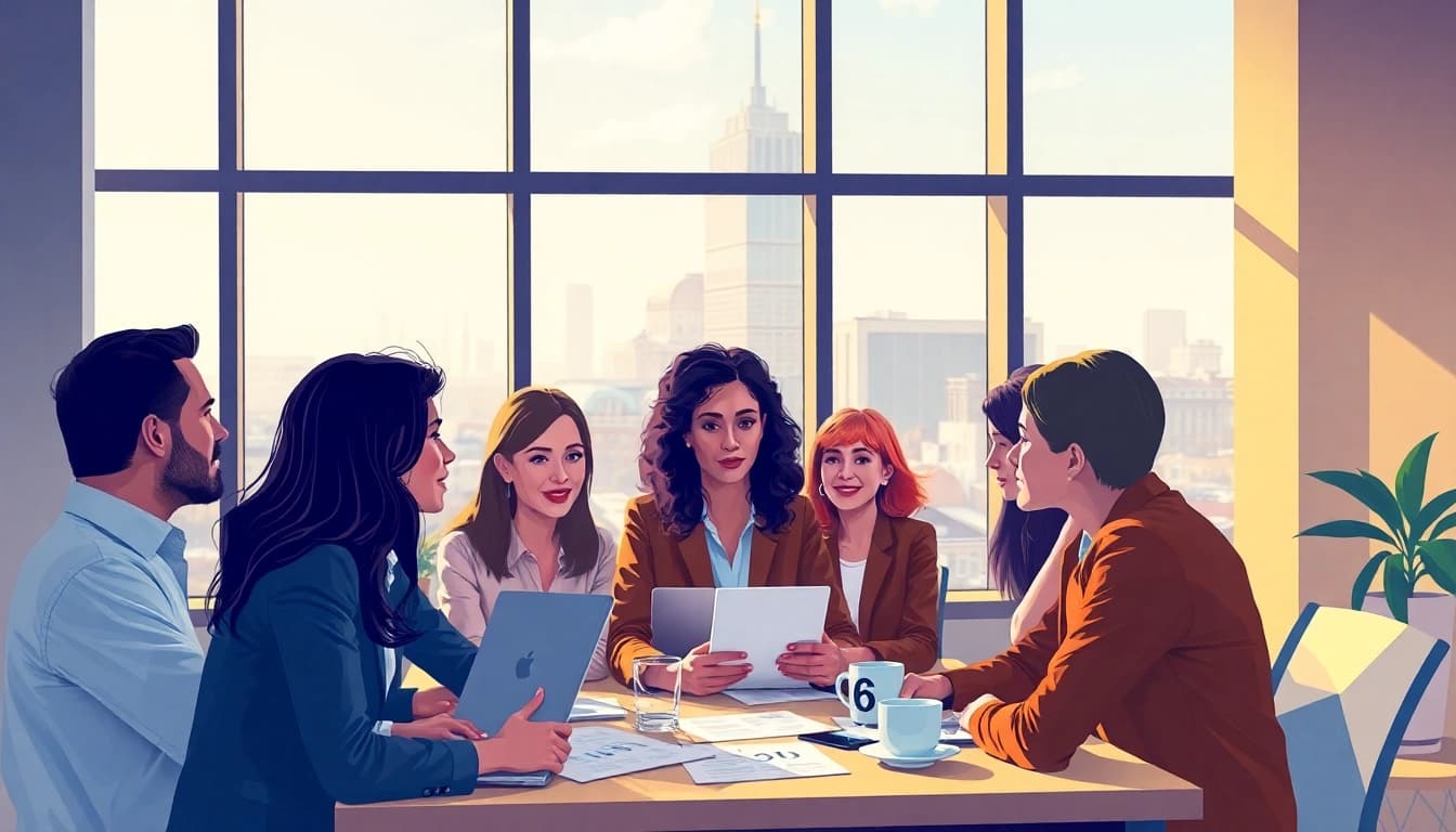 Explore net salary in Germany where professionals discuss salaries in a bright modern office setting.