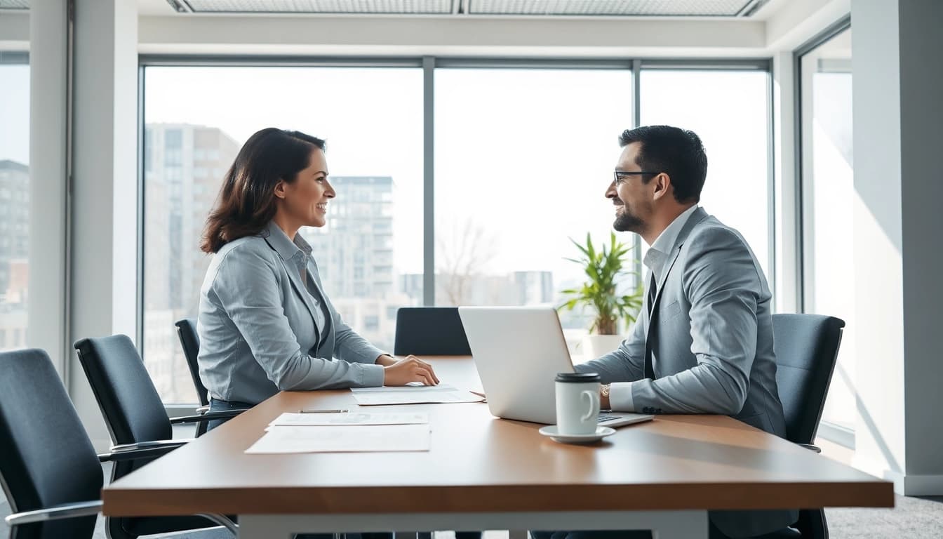 Interaktion zwischen Headhunter Wolfsburg und Kandidat in modernem Büro, das Professionalität ausstrahlt.
