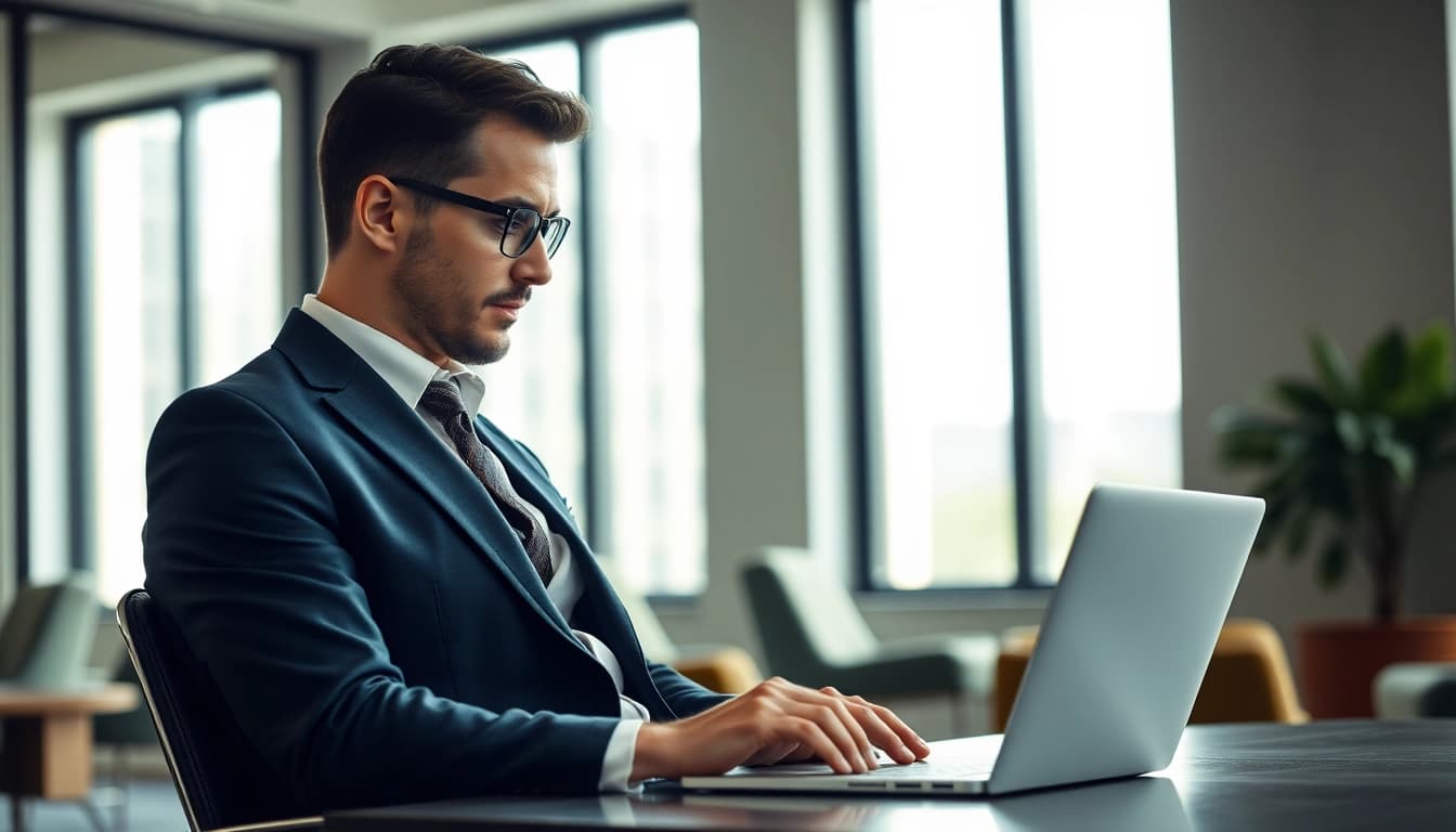Professioneller Headhunter arbeitet in modernem Büro mit Laptop.