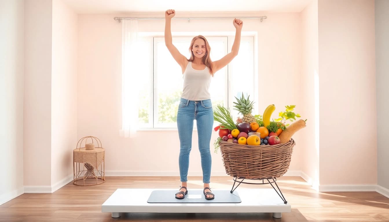 Feier über einen gewollten Gewichtsverlust von 10 Kilo in einer hellen, gesunden Umgebung.
