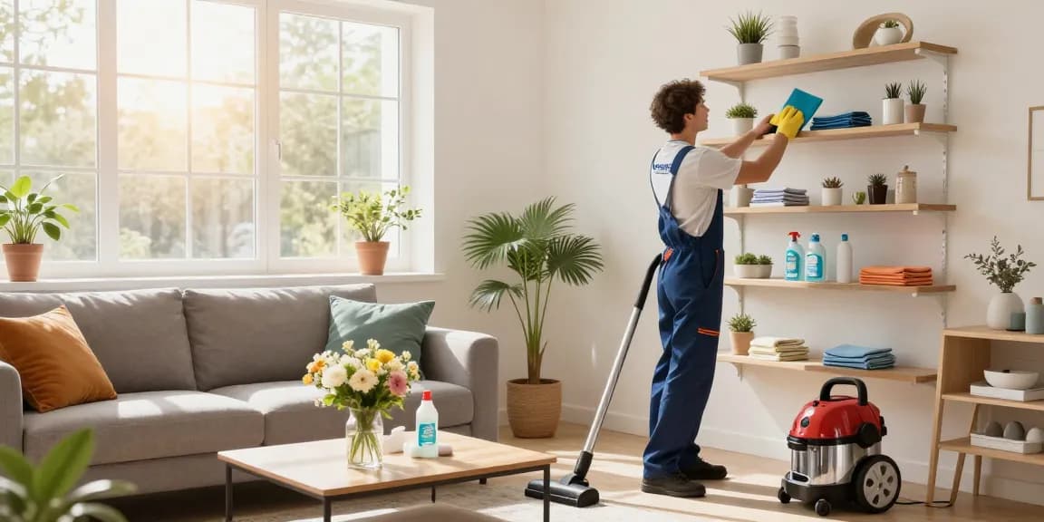 Professional cleaner enhancing a cozy living room with putzinstitute bern services, showcasing a clean and organized space.