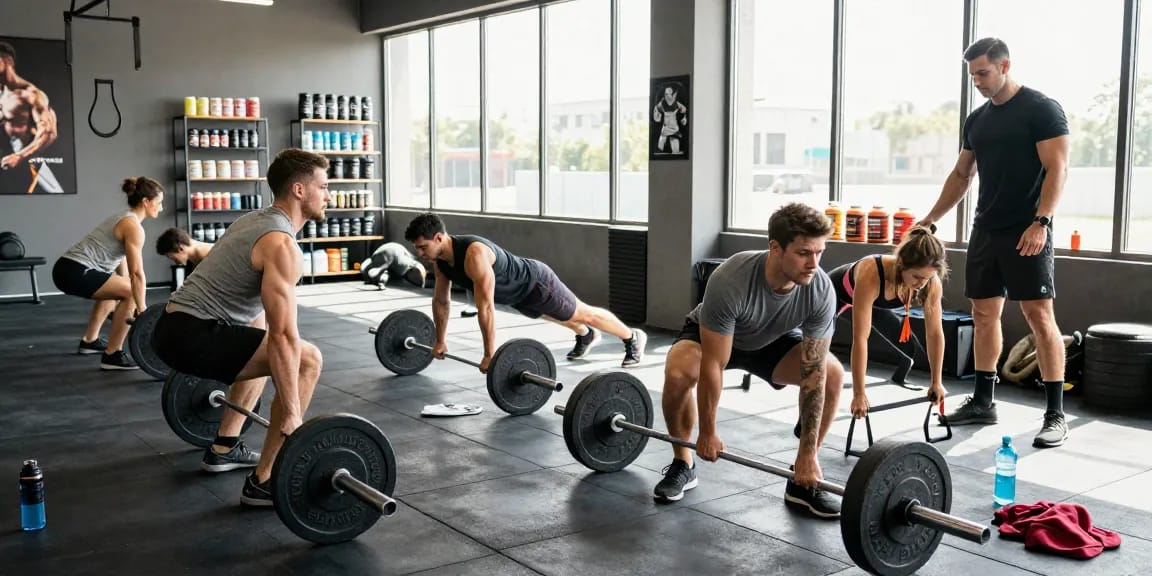 Athletes training in a professional gym at the Anabolika Shop, showcasing dedication with weights and resistance bands.