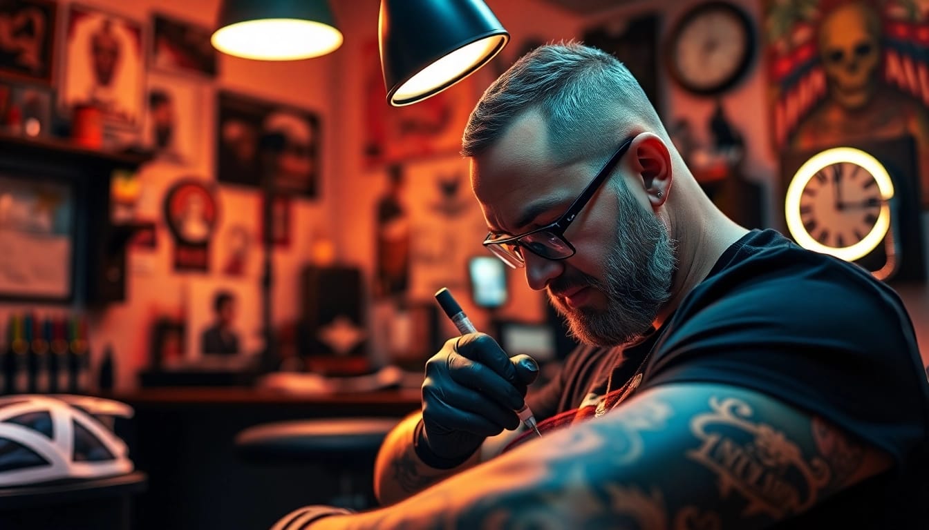 Skilled tattoo artist at Tattoo Studio München creating a unique body art piece for a client.