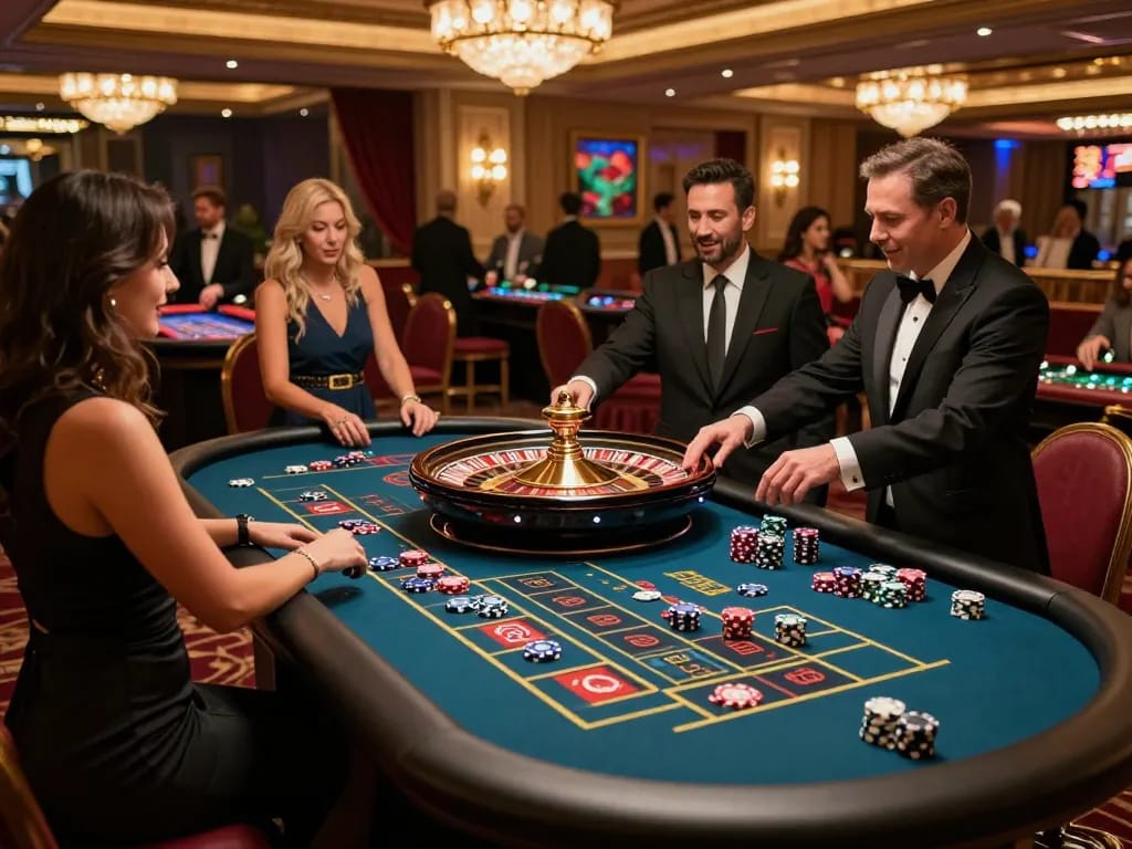 Tỷ lệ kèo nhà cái hôm nay showcased at an upscale roulette table with players engaged in betting