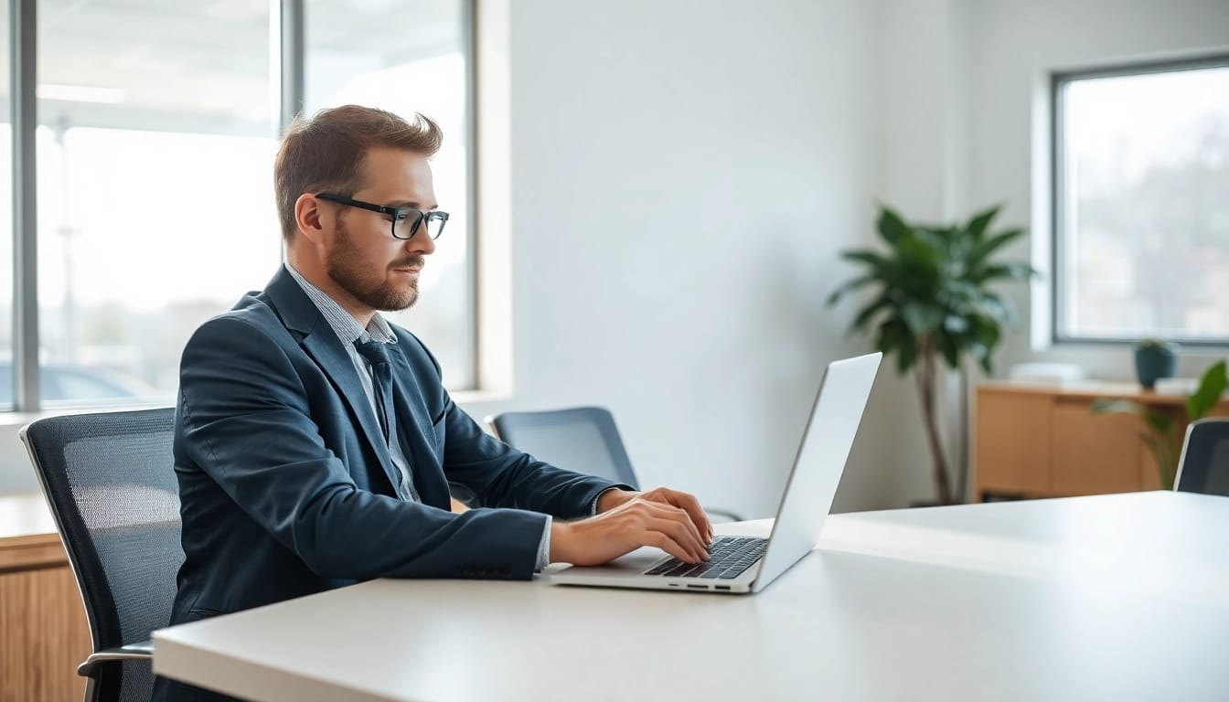 Headhunter Pflegekräfte bei der Arbeit am Schreibtisch in einem modernen Büro, umgeben von natürlichem Licht.
