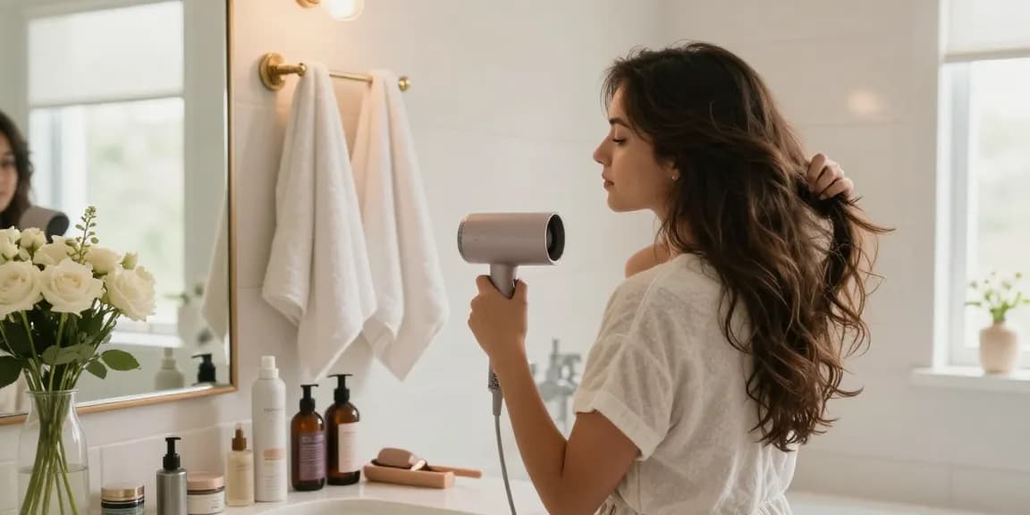 Woman using a mini blow dryer in a serene bathroom, styled with beauty products and natural light.