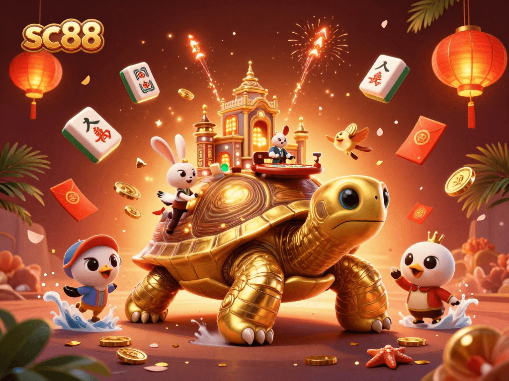 Spin the reels at sc88 with a vibrant casino scene featuring a golden tortoise and a rabbit dealer.