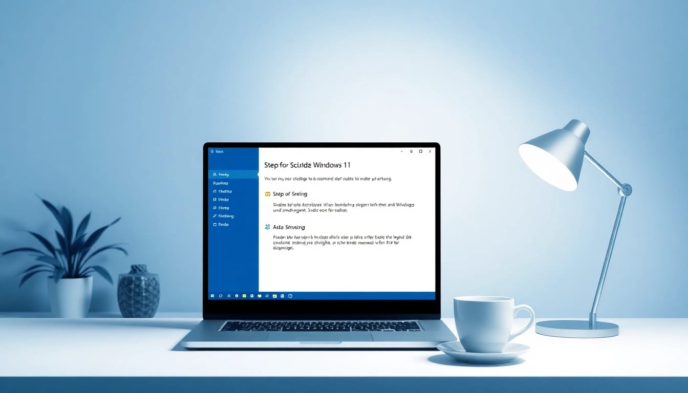 Windows 11 Anleitung auf einem Laptop-Bildschirm in einem modernen Büro.