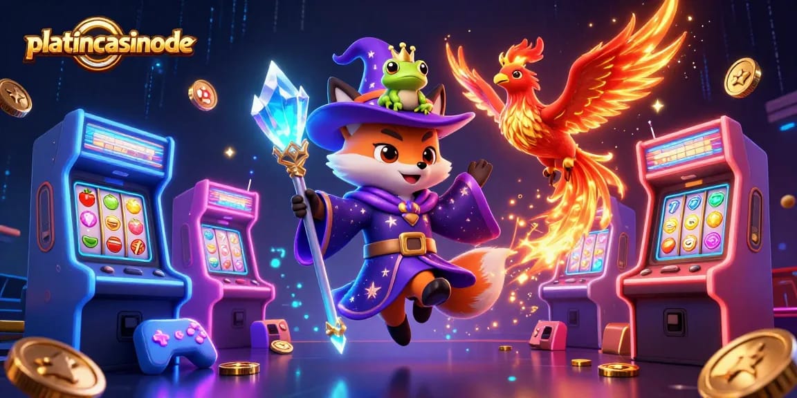 Win at platincasinode with exciting slot machines and mystical characters in a vibrant 3D scene.