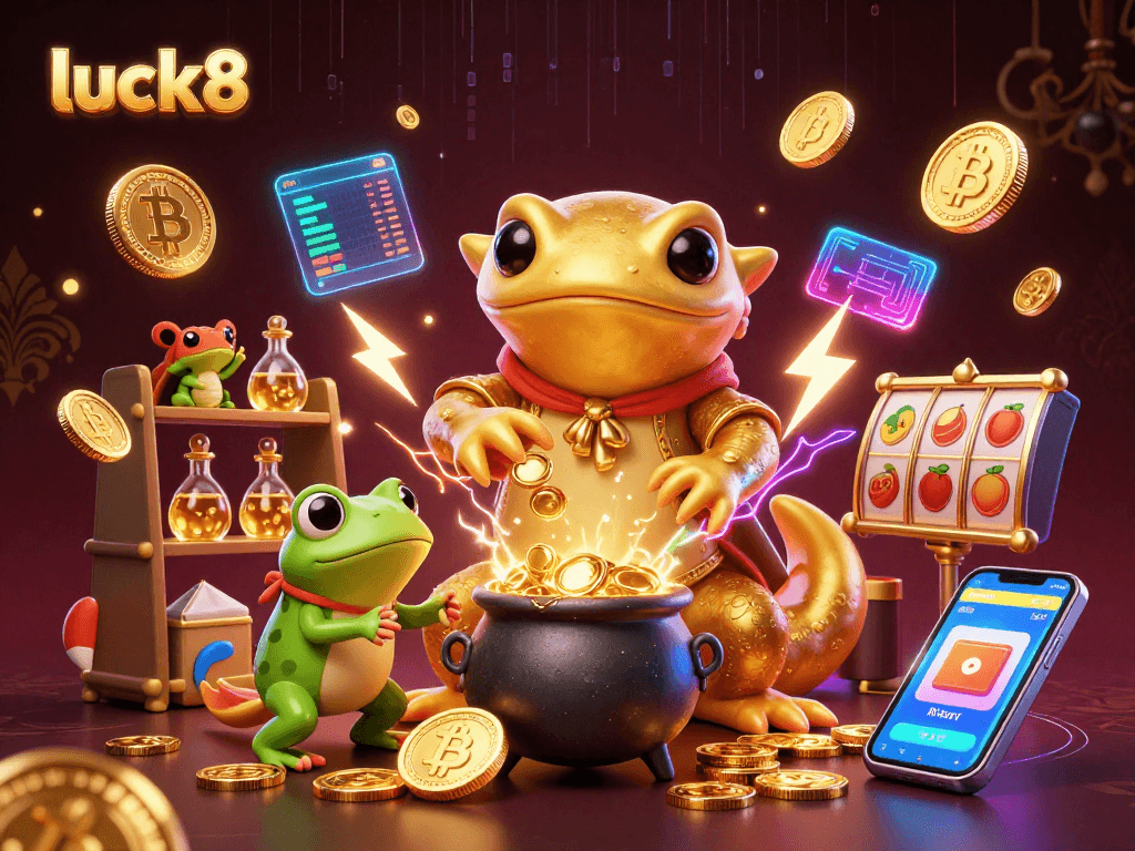 Engage with luck8's vibrant casino world featuring golden alchemy and crypto elements for players.