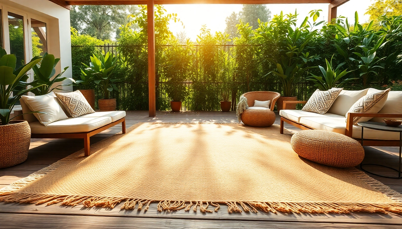 Hanfmatte auf einer sonnigen Terrasse mit entspannendem Grün im Hintergrund.