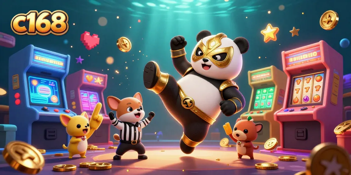 c168 features an exciting scene with a panda wrestler, chihuahua referee, and dynamic game elements.