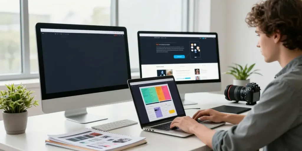 Professioneller Webdesignbereich mit Designer, Laptop und Wireframes, Webdesign Saarland.