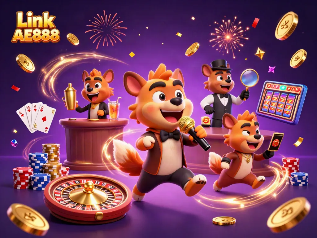 Experience the excitement of Link AE888 with vibrant casino characters and dynamic game elements.