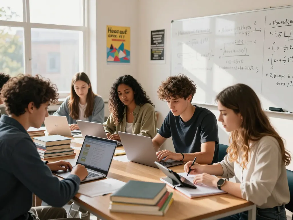 Hausaufgaben KI-Tools, die das kollaborative Lernen der Schülerinnen und Schüler in einem hellen Klassenzimmer verbessern!