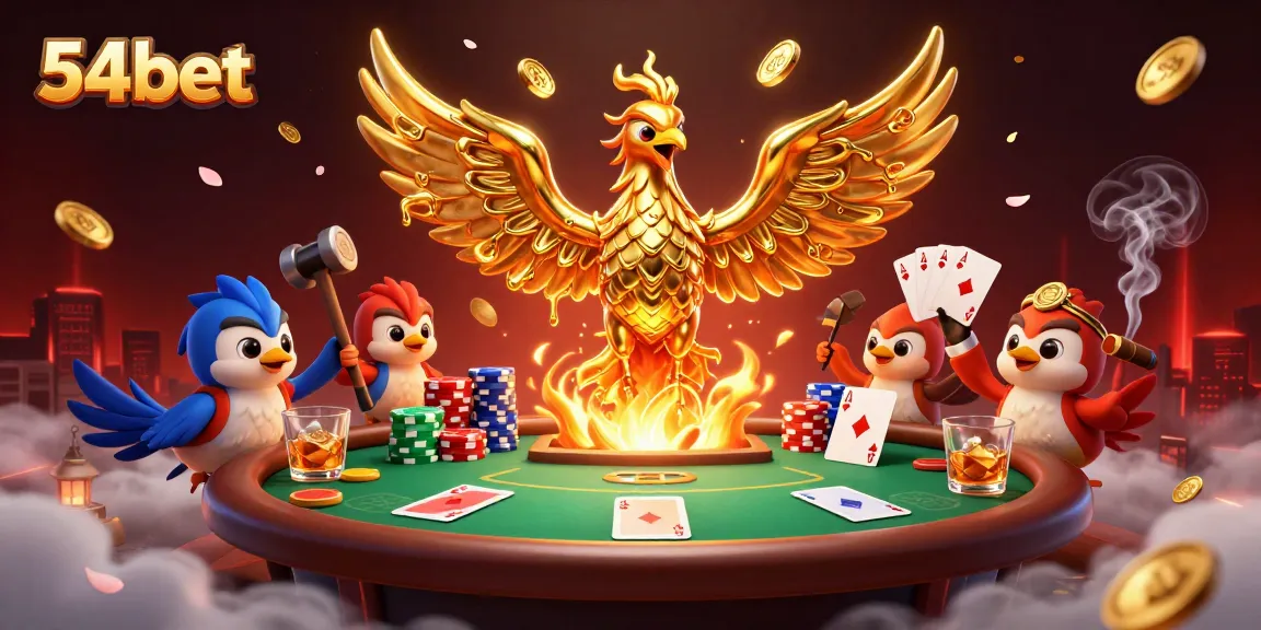 Win big with 54bet as a golden phoenix symbolizes success in a vibrant casino scene.