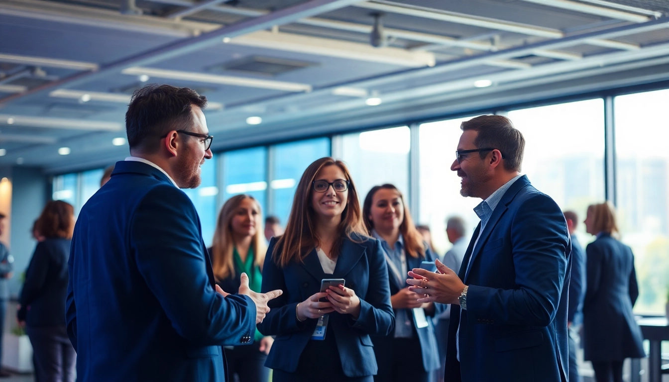 Networking für den Jobwechsel: Personen interagieren auf einer professionellen Veranstaltung und tauschen Ideen aus.