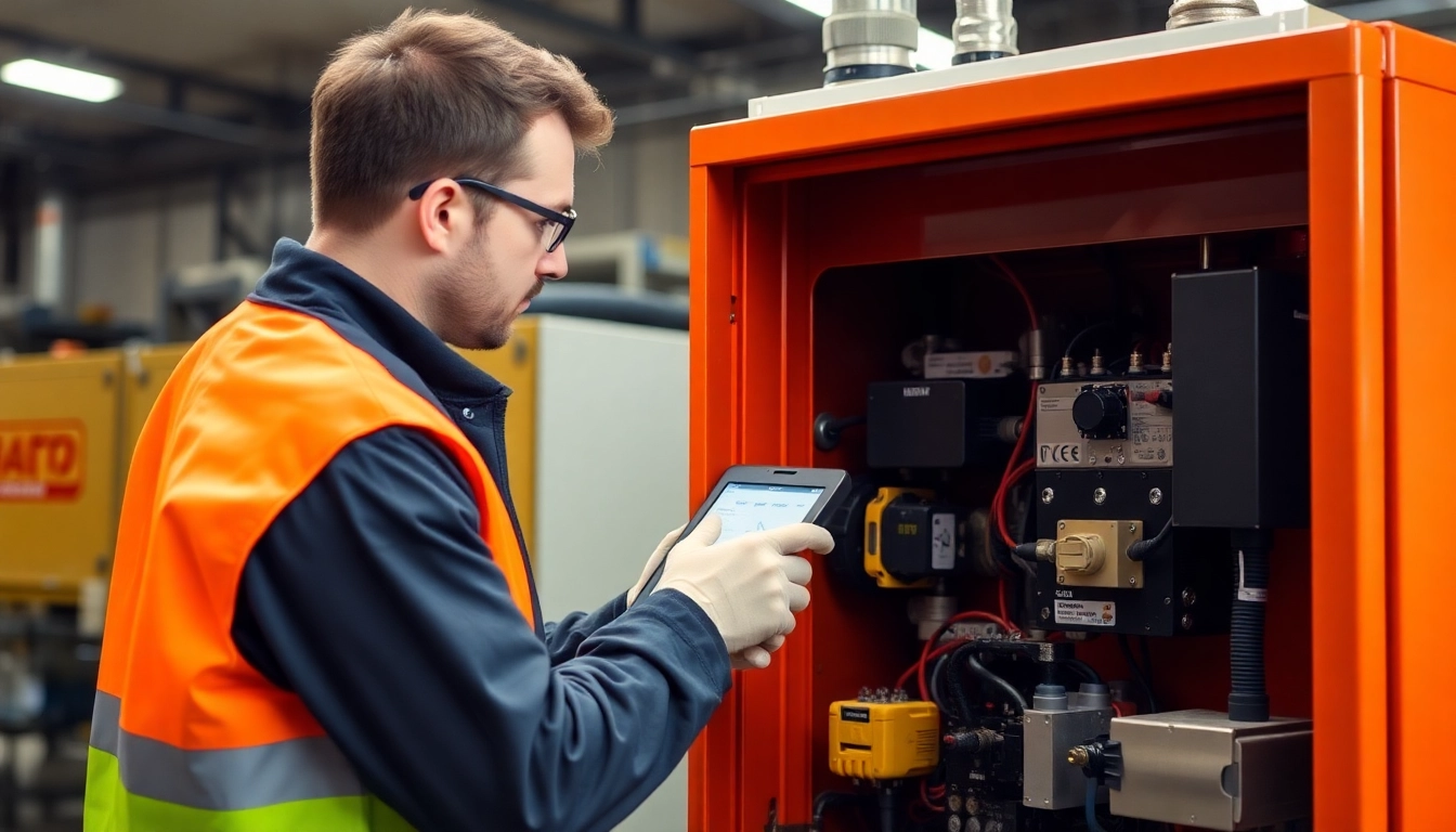 Technician performing DGUV V3 Prüfung on electrical devices, ensuring workplace safety and compliance.