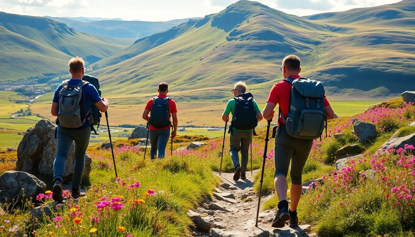 Wanderer genießen die atemberaubende Landschaft des Wicklow Way Irland mit grünen Bergen im Hintergrund.