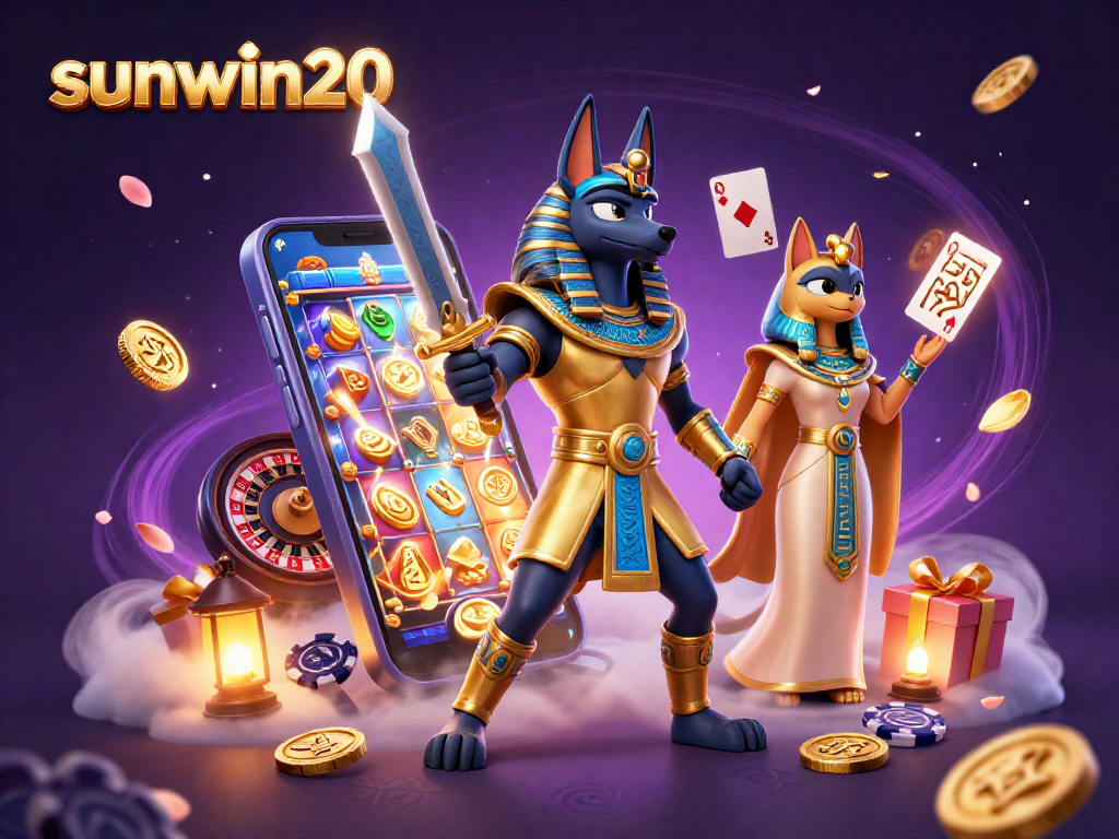 Experience the excitement of sunwin20 with Anubis and Bastet amidst a vibrant casino scene