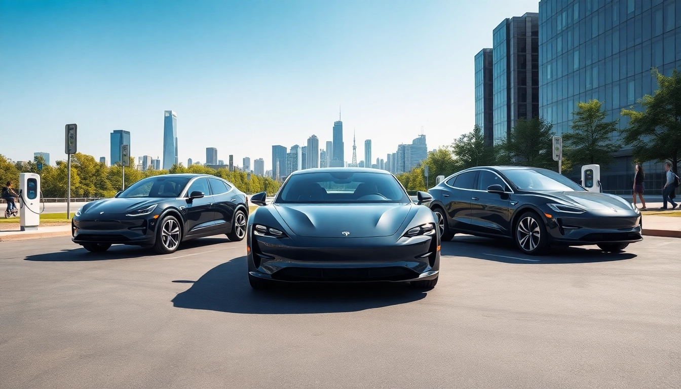Elektroautos präsentieren sich stilvoll in einer modernen Stadtlandschaft mit Ladesäulen.