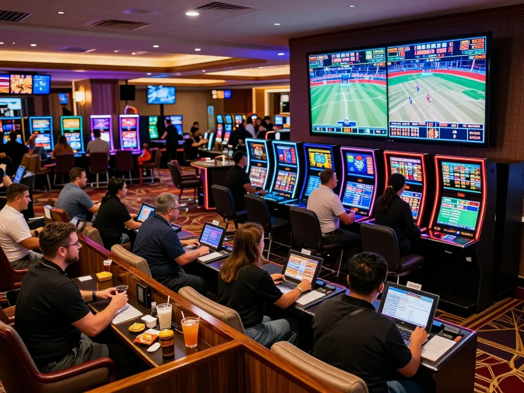 Tỷ lệ kèo nhà cái displayed prominently on screens as excited patrons place bets in a lively sports betting area.