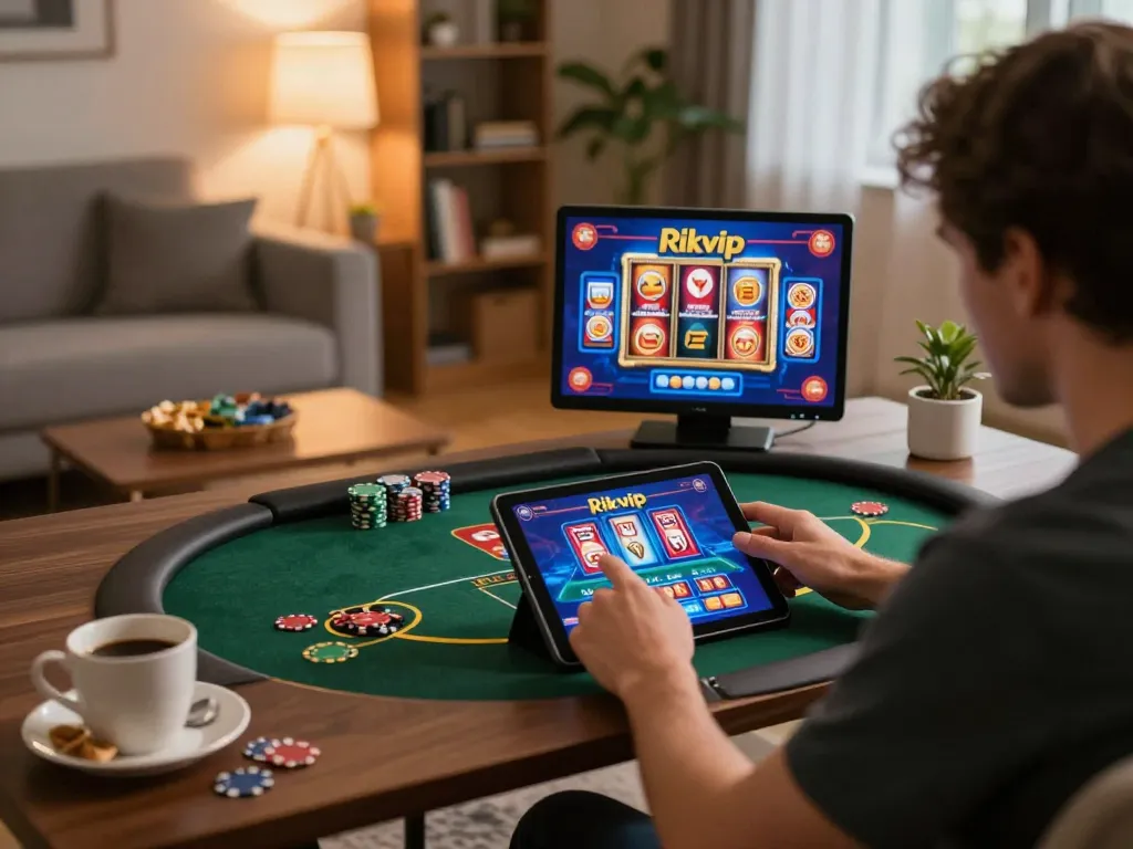 Play poker on Rikvip tablet in a cozy home setup with snacks and warm lighting