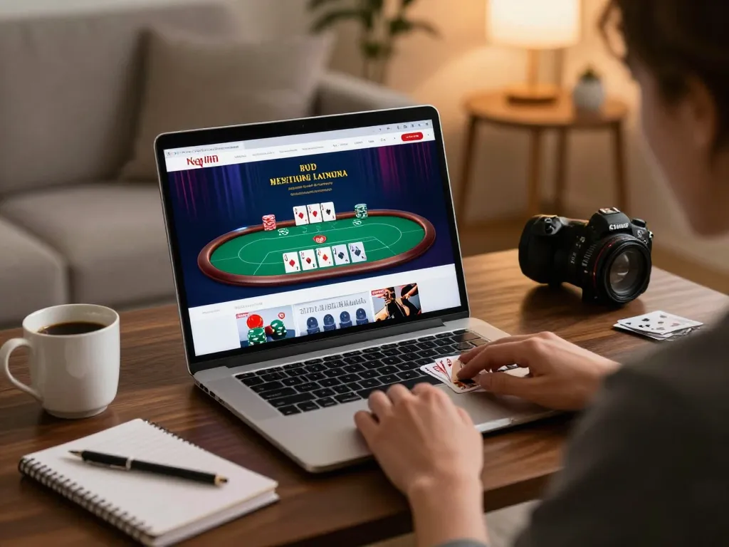 Engaged in poker gameplay on MANCLUB's platform from a cozy home setting