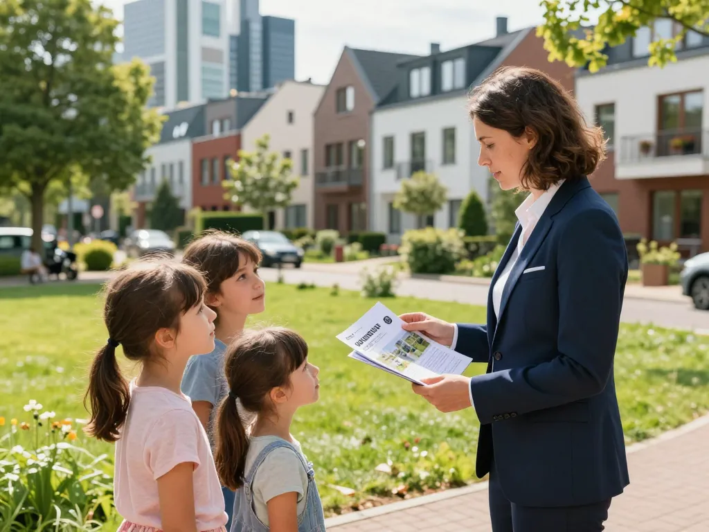 Immobilienmakler Frankfurt Ginnheim unterstützt eine Familie in einem lebhaften Viertel mit modernen Häusern und üppigen Parks.