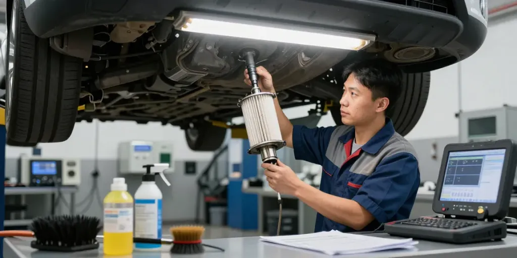 Techniker bei der DPF-Reinigung in einer professionellen Werkstatt für Fahrzeugreparaturen.