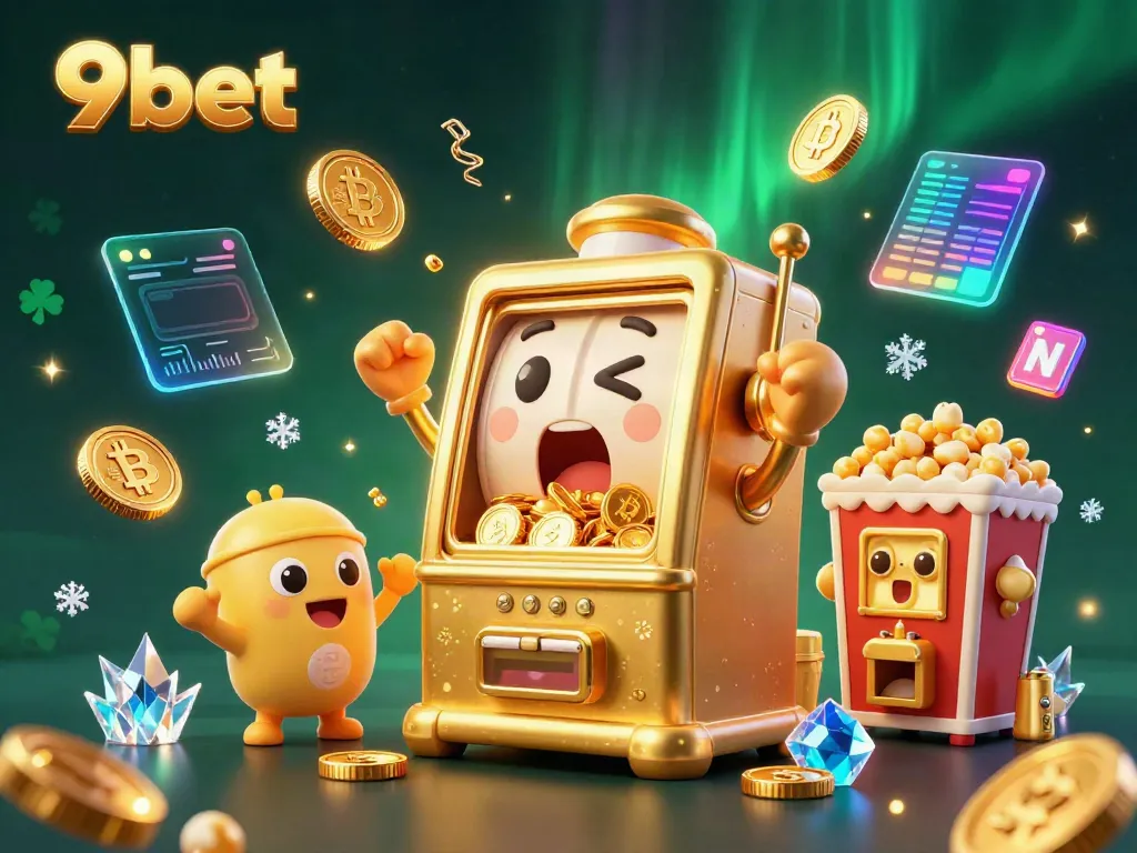Experience excitement with 9bet's golden slot machine hitting the jackpot amidst festive casino elements.