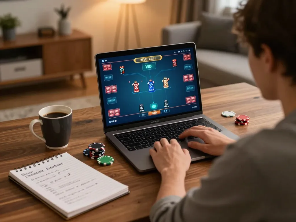 Player engaging in online poker on laptop, showcasing F168 gaming strategies and excitement