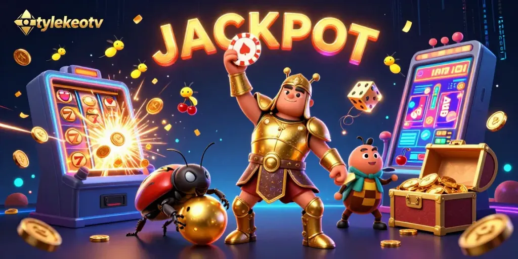 Engage in winning strategies with tylekeotv at a colorful digital casino illustration featuring beetles amidst jackpot excitement.