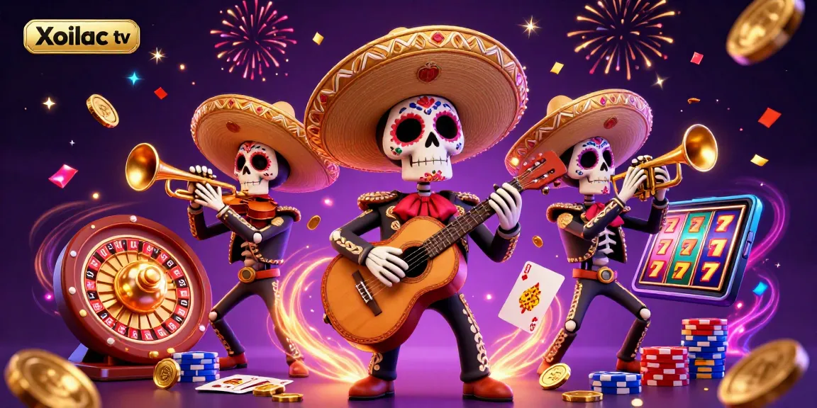 Xoilac tv features a lively mariachi band with skeleton members celebrating while surrounded by colorful casino elements.