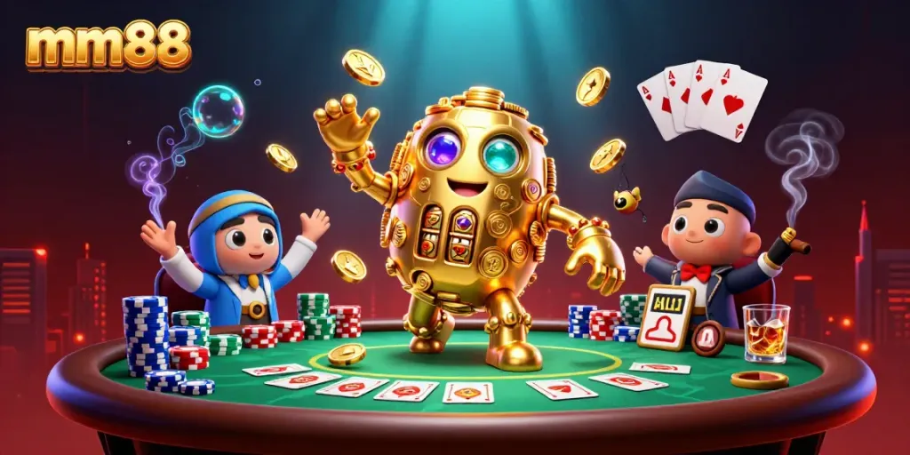 Experience mm88's dynamic casino scene featuring a golden golem, poker elements, and vivid details.