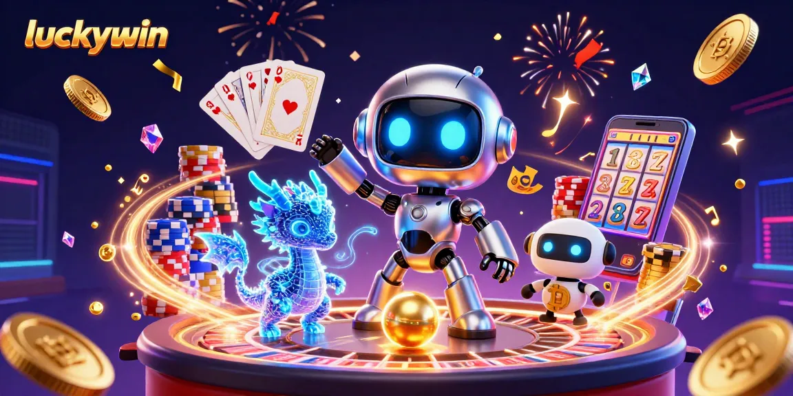 Play exciting games with luckywin in a vibrant 3D casino illustration featuring dynamic characters.