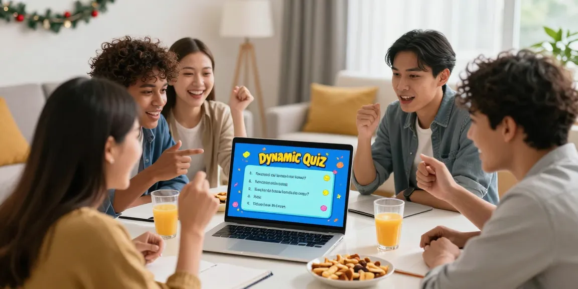 Freunde testen ihr Wissen beim Quiz Allgemeinwissen in einer lebhaften Wohnzimmerszene.